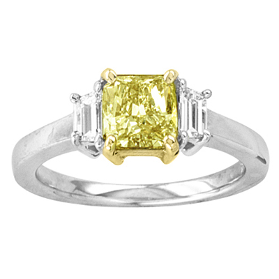 View 1.76 ct tw Radiant Cut Natural Fancy Yellow & Trapezoid Three Stone Diamond Engagement Ring VS1 EGL Certificate 18k Gold