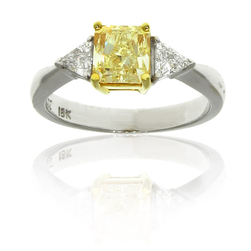 View 1.58ct Radiant Cut Natural Fancy Yellow & Trilliant Three Stone Diamond Engagement Ring EGL Certificate 18k Gold