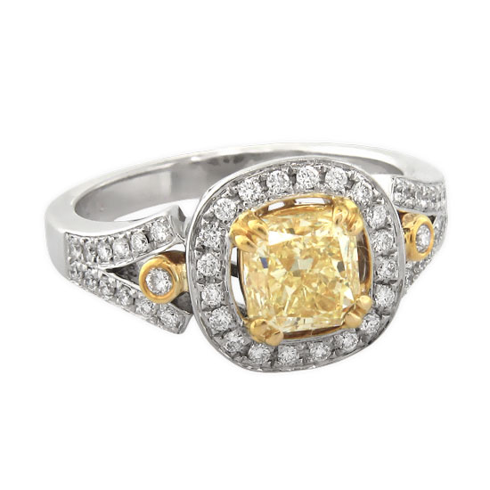 View 1.51 Natural Fancy Yellow Diamond With GIA Certificate VS2 Clarity Radiant Cut 18k Gold Engagement Ring Halo Design 