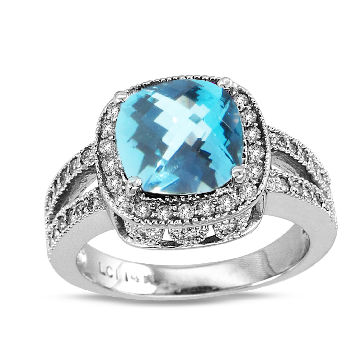 14k Gold Split Shank Ring with 0.50ct tw of Round Diamonds and 9mm Cushion Cut Checkerboard Cut Blue Topaz Center Stone