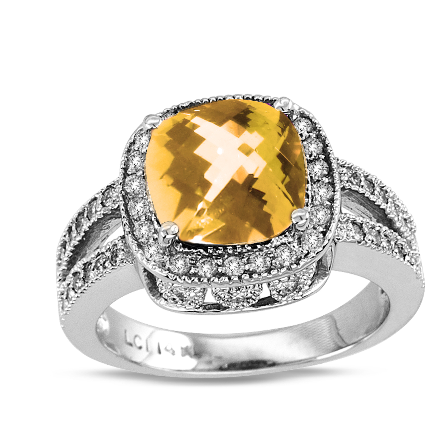 View 14k Gold Split Shank Ring with 0.50ct tw of Round Diamonds and 9mm Cushion Checkerboard Cut Citrin Center Stone