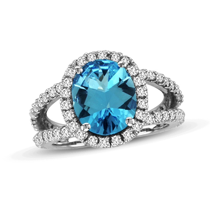 View 14k Gold Split Shank Ring with 0.85ct tw of Round Diamonds and 11x9mm Blue Topaz Oval Shape Center Stone