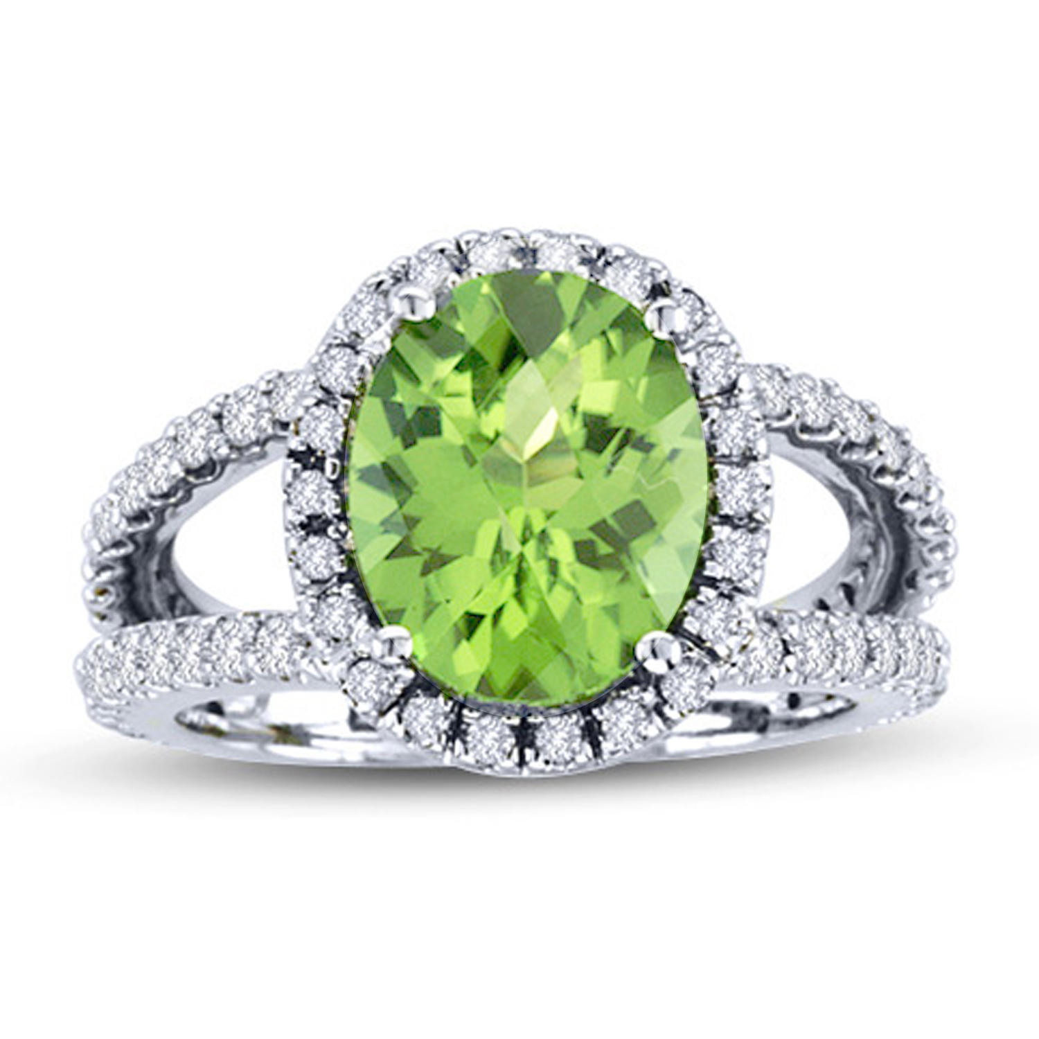 View 14k Gold Split Shank Ring with 0.85ct tw of Round Diamonds and 11x9mm Peridot Oval Shape Center Stone