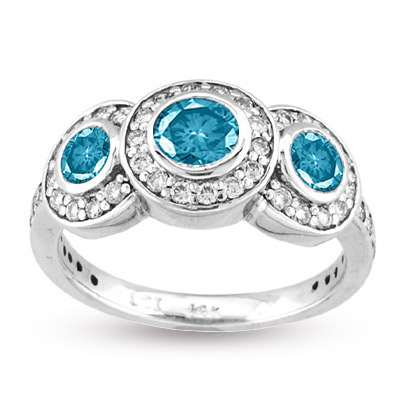 View 14k Gold Three Stone Bezel set ring with 1.00ct tw of  White & Blue Diamonds