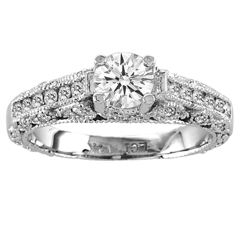 View 1.15ct tw 14K White Gold Engagement Ring Antique Look Micro Pave' Ring Round Diamond in Center H-J SI-I Quality Prong Set