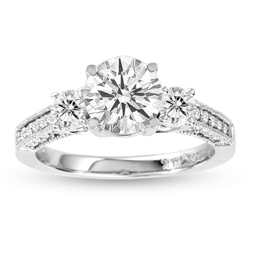 View 1.50cttw Diamond Engagement Ring 3 Stone Lucida Antique Look 14K White Gold H-J SI-I1 Quality 0.90ct Round Diamond in Center