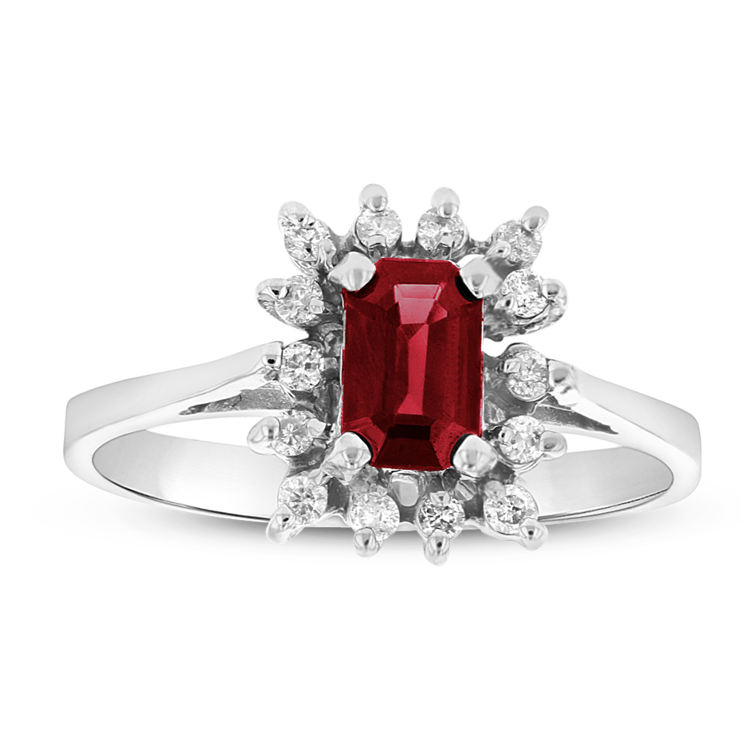 View Emerald Cut Natural Heated Ruby and Diamond Ring set in 14k Gold