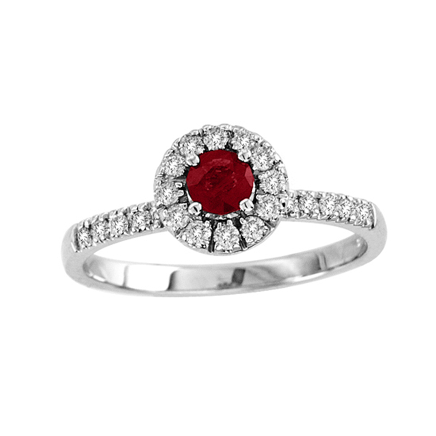 View 0.65cttw Natural Heated  Ruby and Diamond Halo Ring set in 14k Gold