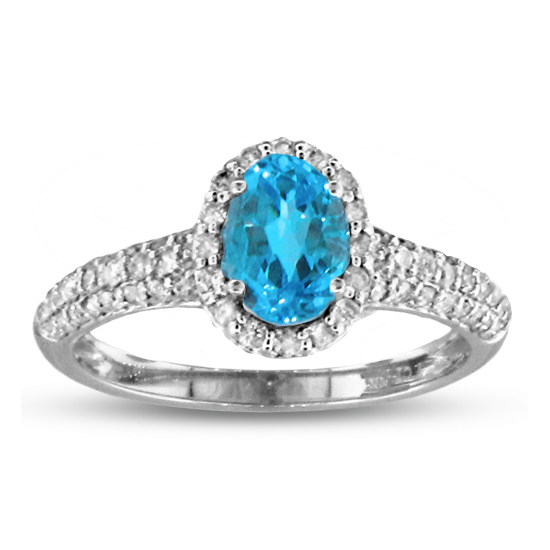 View 7x5mm Oval Blue Topaz and Diamond Fashion Ring in 14k Gold