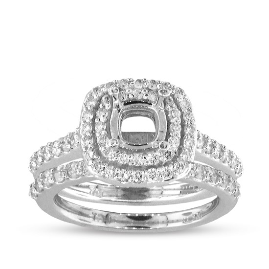 View 0.90cttw Diamond Fashion Engagement Semi Mount with Matching Wedding Band in 14k Gold (holds a 3/4ct Cushion or Round)