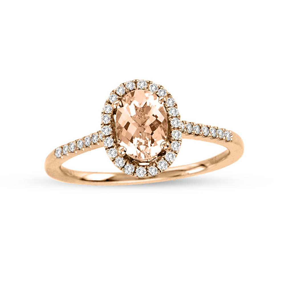 View 0.99cttw Diamond and 7X5 mm Oval Morganite Fashion Ring in 14k Rose Gold