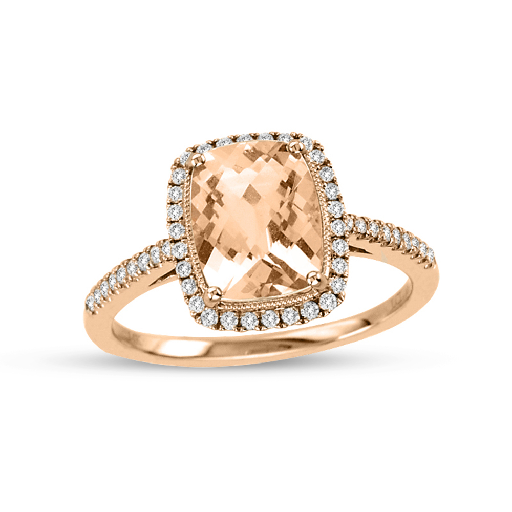 View 2.00cttw Diamond and 9X7mm Cushion Cut Morganite Fashion Ring in 14k Rose Gold