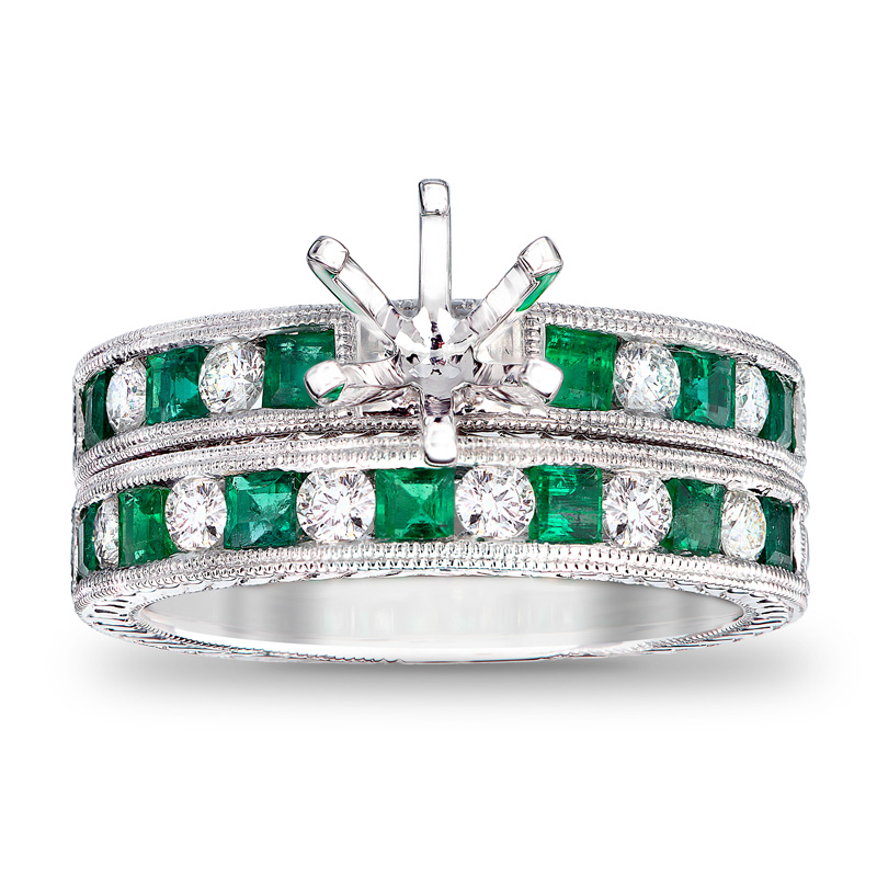 View 1.42ctw Emerald and Diamond Semi Mount and Wedding Band Set in 14k White Gold