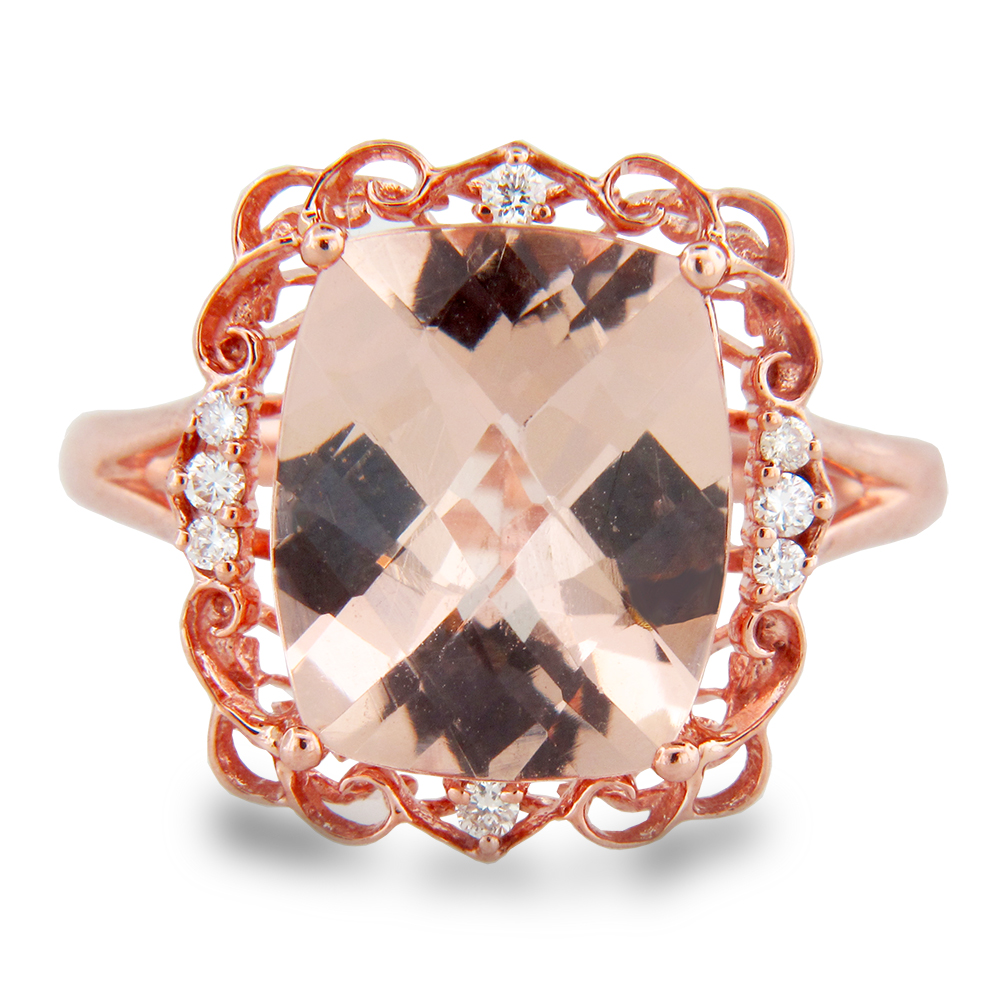 View 4.12cttw 12X10mm Cushion Cut Morganite and Diamond Ring in 14k Rose Gold