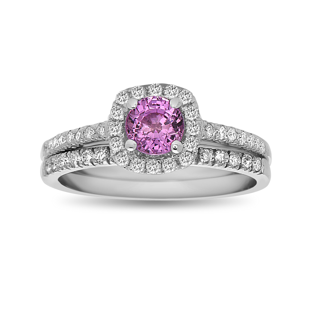 View 1.20ctw Pink Sapphire and Diamond Engagement Set in 14k White Gold