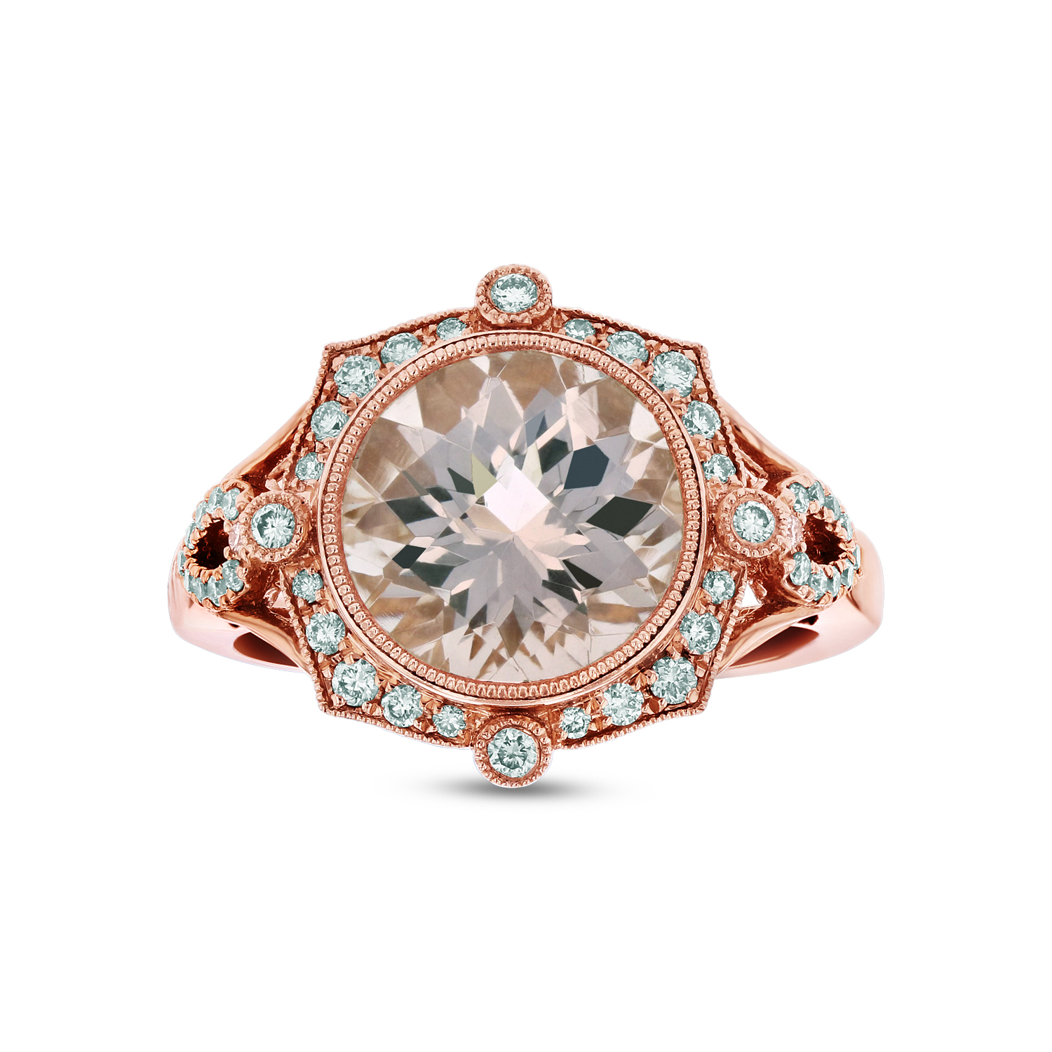 View Diamond and 10mm Round Morganite Ring in 14k Rose Gold