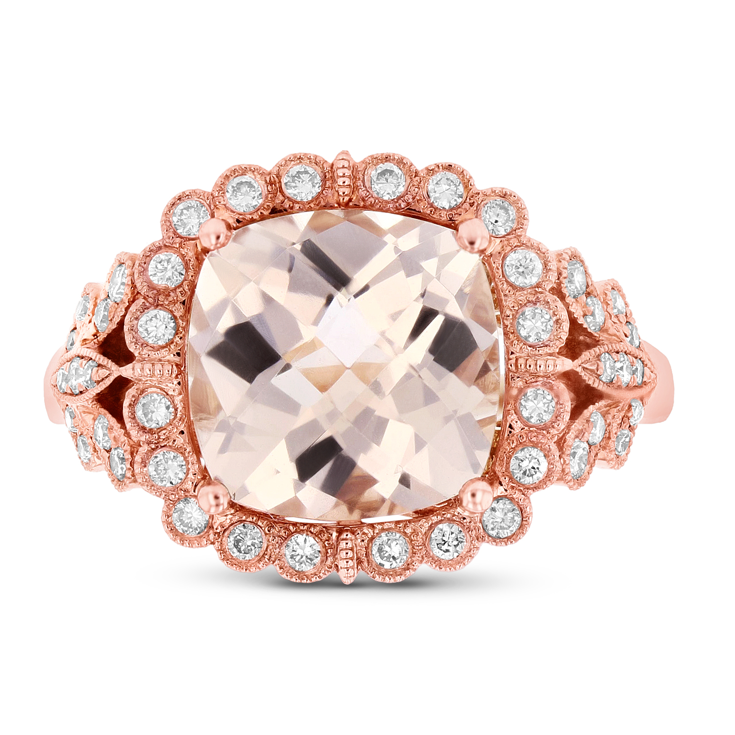 View Diamond and 9.5mm Cushion Cut Morganite Ring in 14k Rose Gold