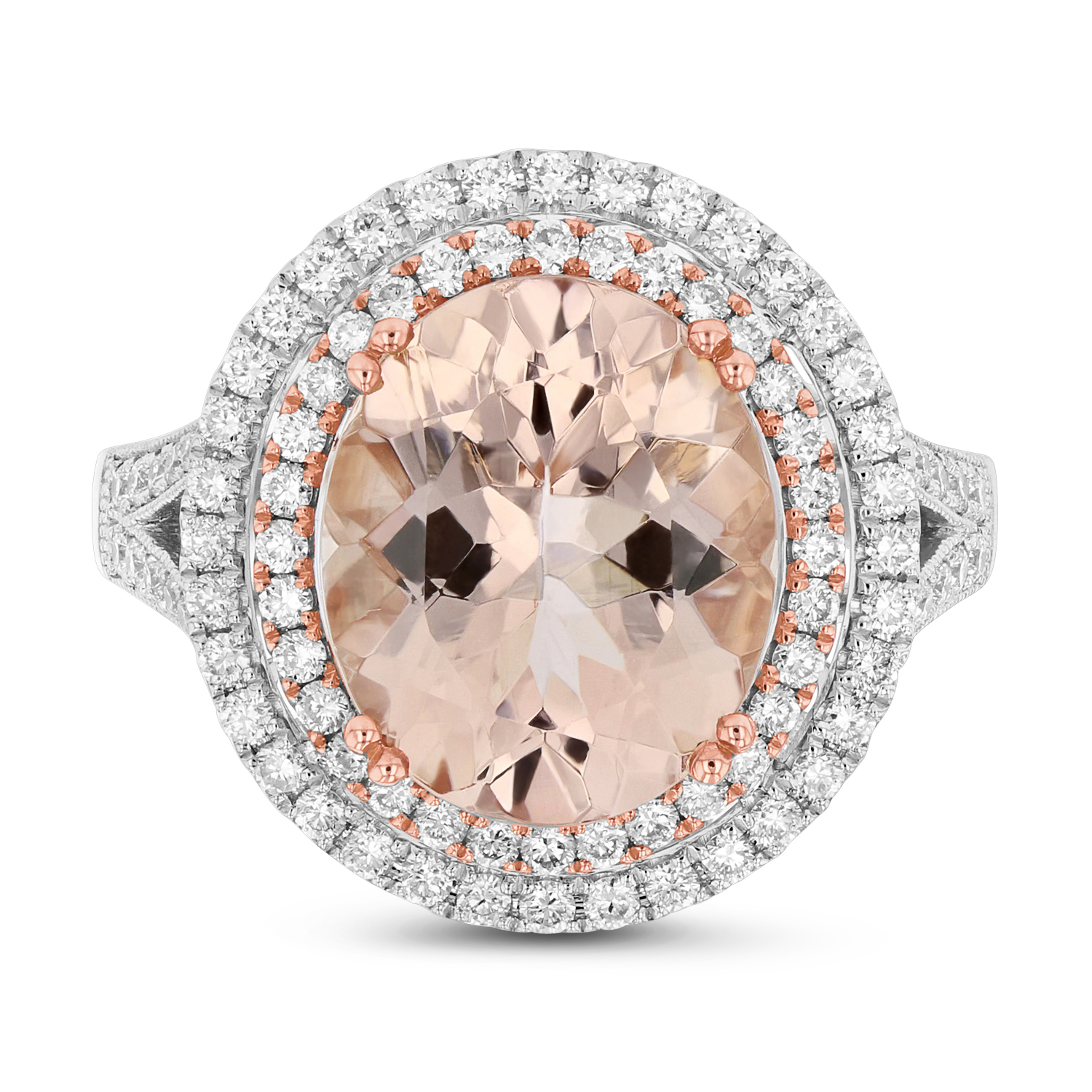 View Diamond and 12X10mm Oval Morganite Ring in 14k Two Tone Gold Double Row Halo