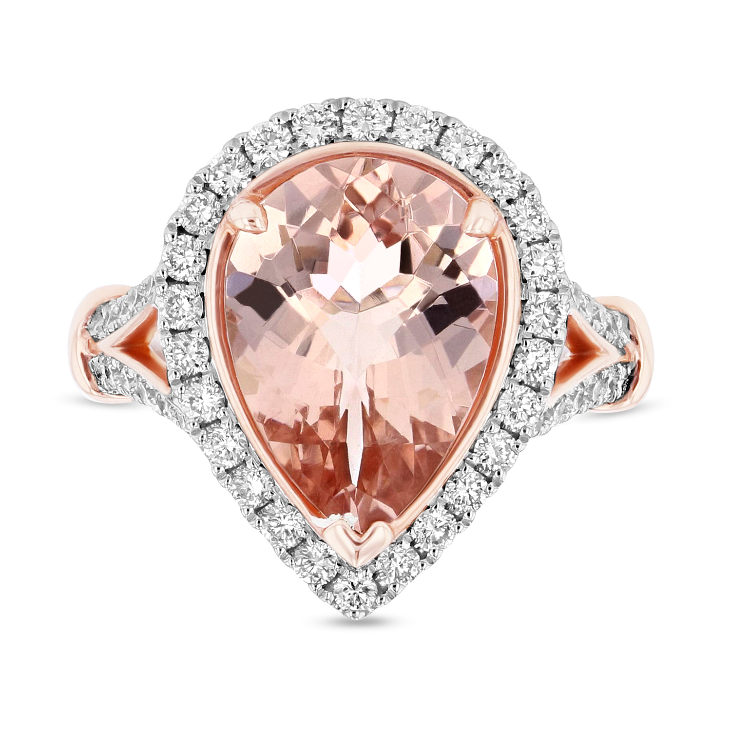 View Diamond and 4.2ct Pear Shaped Morganite Ring in 14k Two Tone Gold