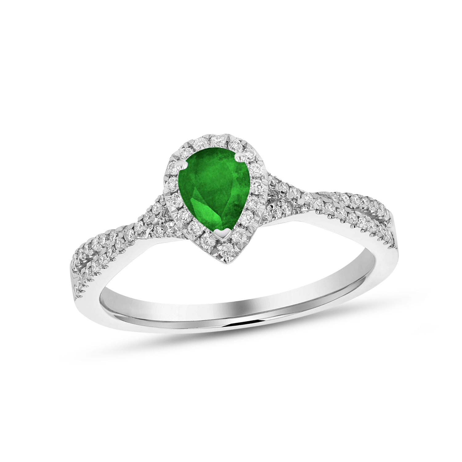 View 0.67ctw Diamnd and Pear Shaped Emerald Ring in 18k White Gold