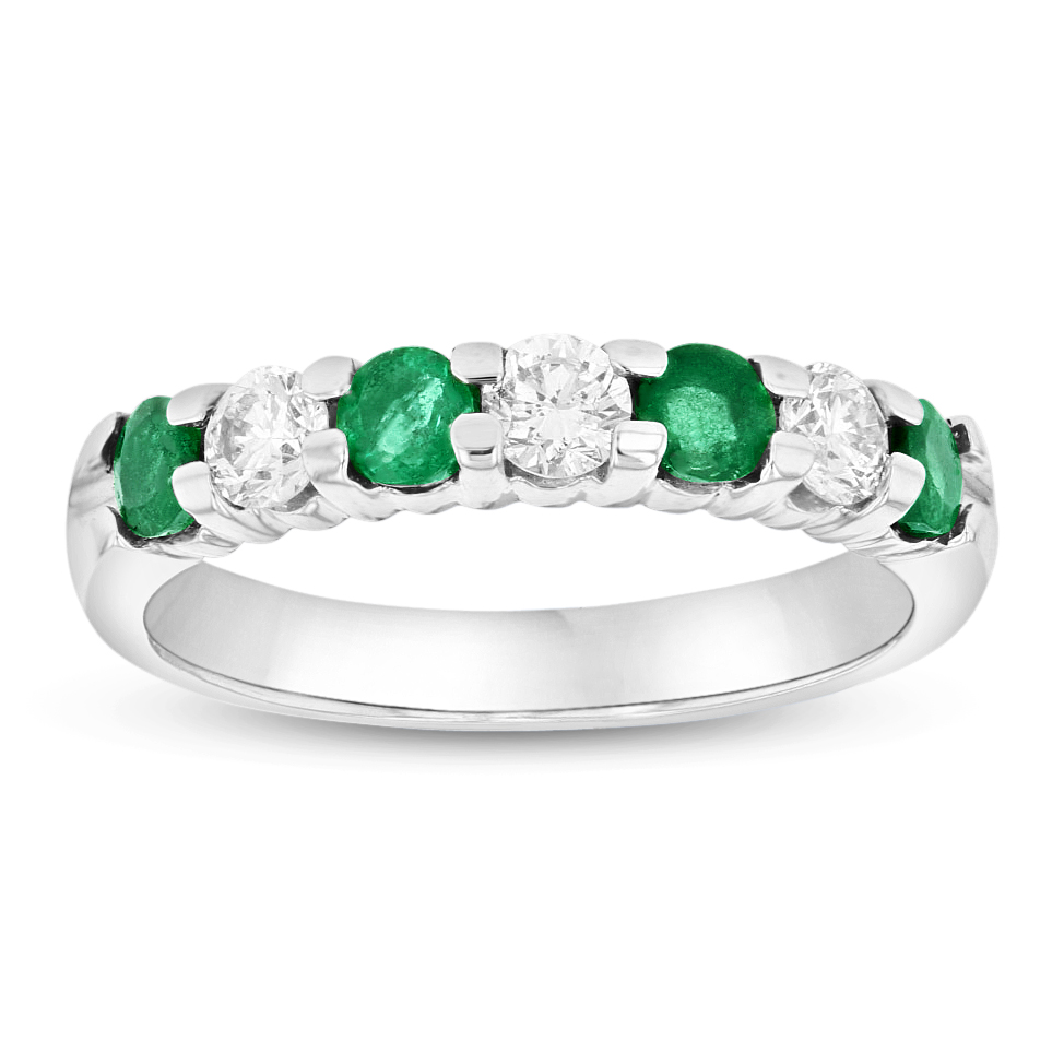 View 14K Gold Ring 1.00ct tw Round Diamonds and Emeralds Prong Set Band