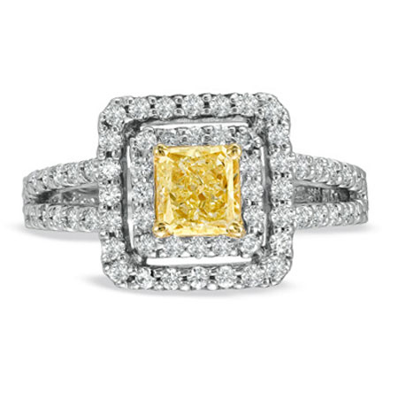 View 1.35ct tw Natural Fancy Yellow Diamond Fashion Engagement Ring With Split Shank set in 14k and 18k Gold