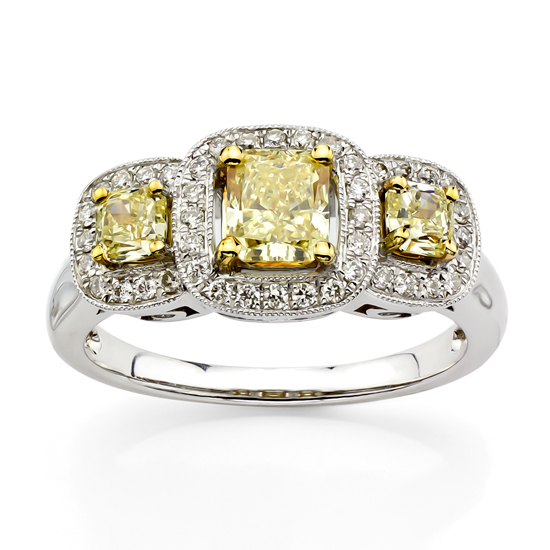 View 1.18cttw of Natural Fancy Yellow and Diamond Three Stone Fashion Ring set in 18k Gold