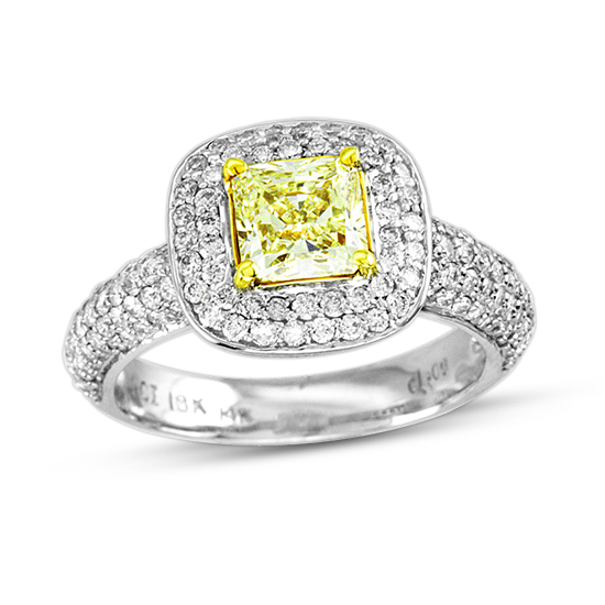 View 1.90cttw Natural Fancy Yellow Diamond Fashion Engagement Ring 1.06ct Certified Natural Fancy Light SI1 Center set in 14k and 18k Gold