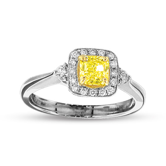 View 0.82cttw Natural Fancy Yellow Diamond Engagment Ring in 18k Two Tone