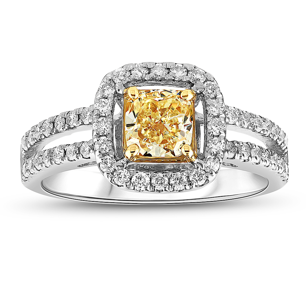 View 1.20cttw Natural Fancy Yellow Diamond Split Shank Ring in 18k Two tone