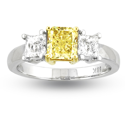 View 1.50ct Natural Fancy Yellow Three Stone Diamond Engagement Ring VVS2 GIA Certificate Set in Platinum and 18k Gold