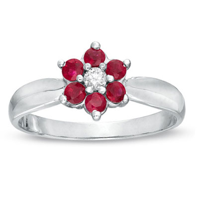 View 0.43cttw Natural Heated Ruby and Diamond Flower Cluster Fashion Ring set in 14k Gold