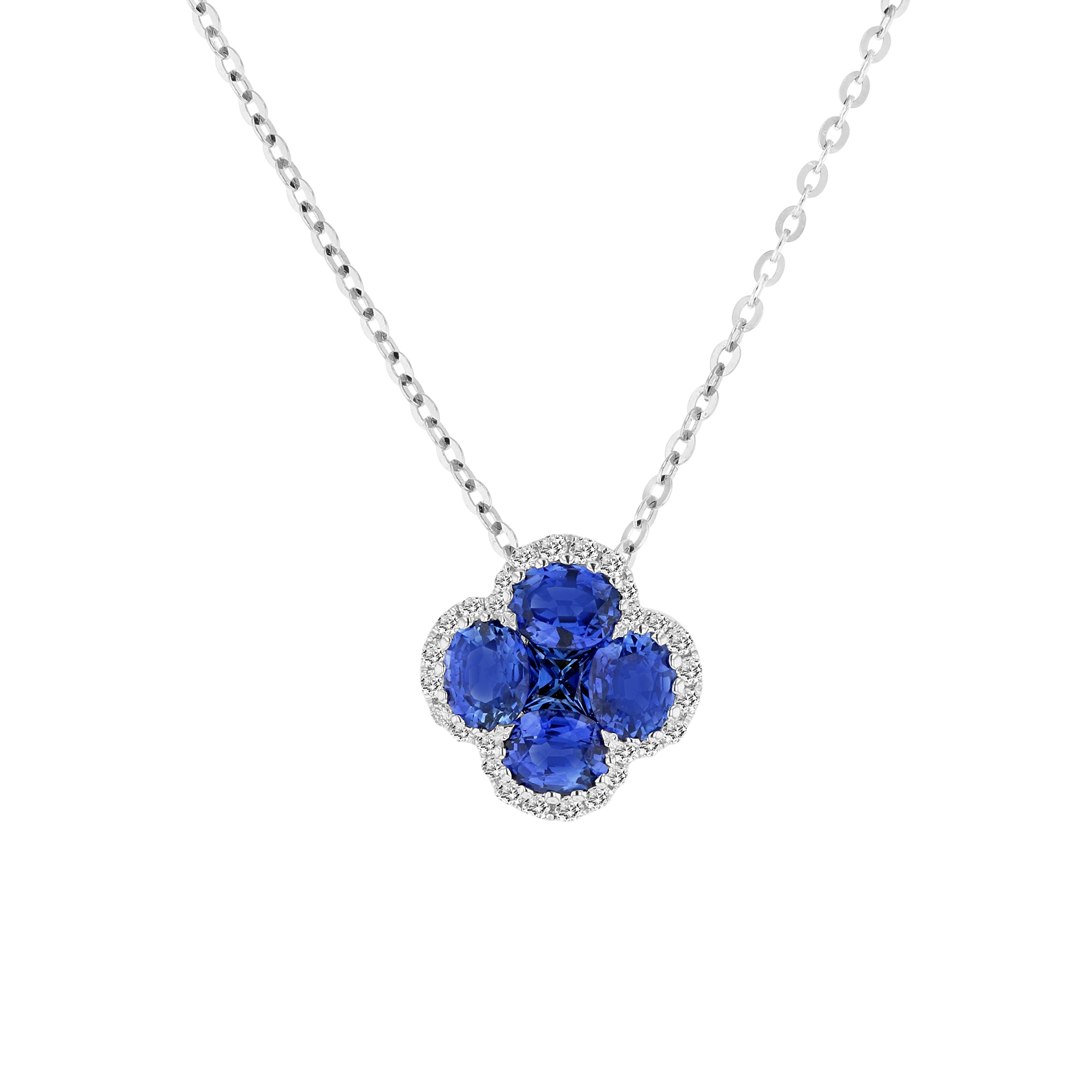 View 0.15ctw Diamond and 1.32ctw Sapphire Clover Pendant in 18k White Gold