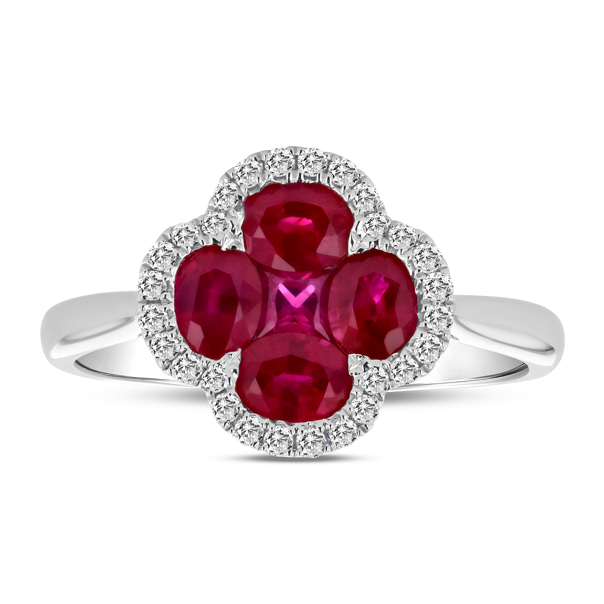 View 0.17ctw Diamond and 1.33ctw Ruby Clover Ring in 18k White Gold