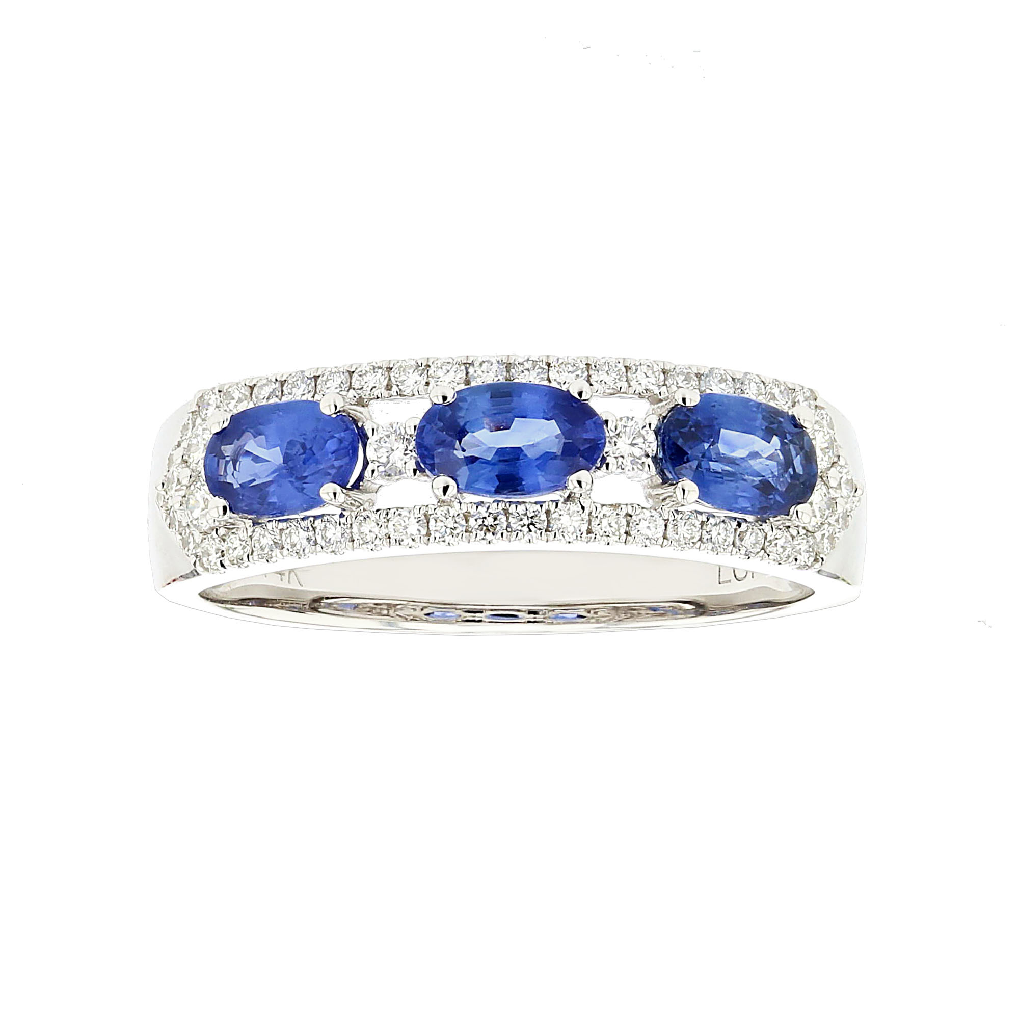 View 1.46 Three Stone Sapphire and Diamond Ring in 14K White Gold